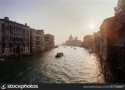 Grand Channel with boats at sunrise, Venice, Italy&#xA;