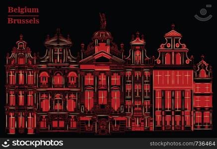 Grand Place in Brussels, Belgium. Landmark of Belgium. Vector hand drawing illustration in red color isolated on black background.