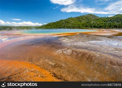 Grand Prismatic Spring in Yellowstone . Hot thermal spring Grand Prismatic Spring in Yellowstone National Park, Old Faithful area, Wyoming, USA