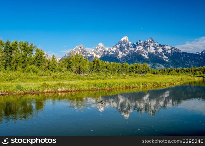 Grand Teton Mountains from Schwabacher&rsquo;s Landing on the Snake River at morning. Grand Teton National Park, Wyoming, USA.