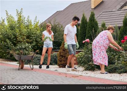 Grandchildren helping grandmother at a home garden. Candid people, real moments, authentic situations