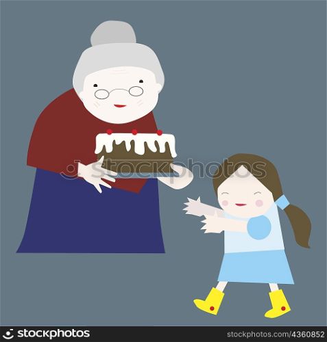 Granddaughter taking a cake from her grandmother