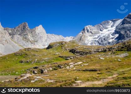 Grande Casse Alpine glacier landscape in Pralognan la Vanoise. French alps.. Grande Casse Alpine glacier landscape in French alps.