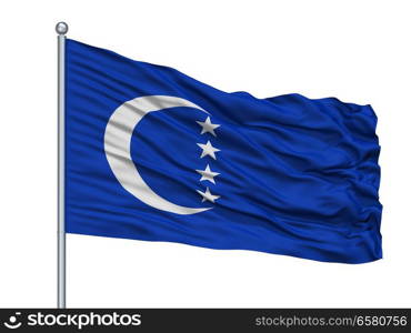 Grande Comore City Flag On Flagpole, Country Comoros, Isolated On White Background. Grande Comore City Flag On Flagpole, Comoros, Isolated On White Background