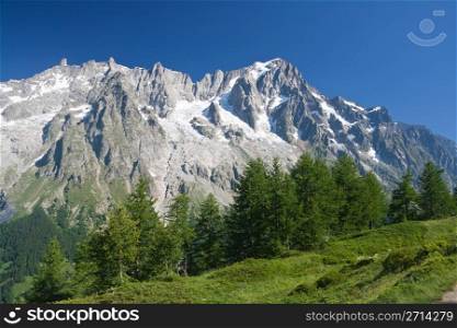 Grandes Jorasses mountain from Ferret valley, Courmayeur, Italy