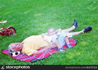 grandfather and child in park using tablet computer. grandfather and child in park using tablet