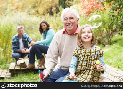 Grandfather And Granddaughter Blowing Bubbles On Family Picnic