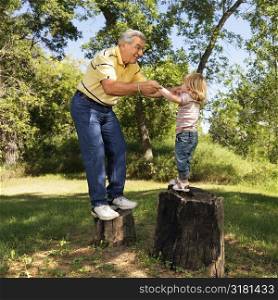 Grandfather and granddaughter playing outside holding hands balancing on stumps.