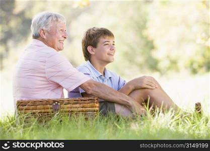 Grandfather and grandson at a picnic smiling