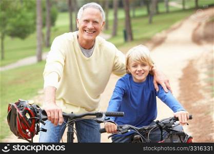 Grandfather and grandson riding bicycle in park