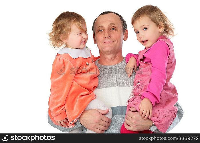 grandfather hold two granddaughters on hands