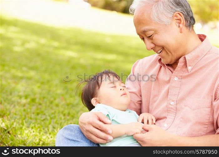 Grandfather Holding Sleeping Grandson In Park