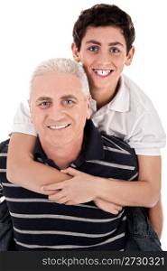 Grandfather piggybacking his grandson on isolated background