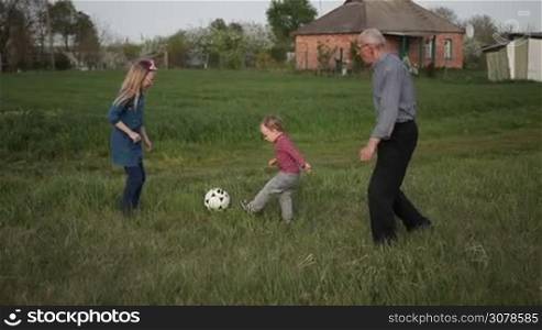 Grandfather with grandchildren playing football in green meadow during spending weekend in countryside. Adorable toddler boy and cute older sister enjoying time with grandfather playing soccer outdoors. Slow motion. Steadicam stabilized shot.
