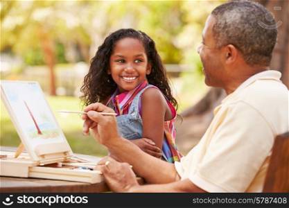 Grandfather With Granddaughter Outdoors Painting Landscape