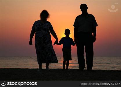 Grandfather with grandmother and the grandson against the background of sunset
