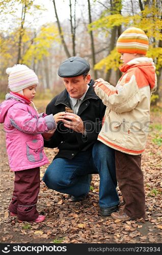 Grandfather with grandsons in forest in autumn, focus on senior