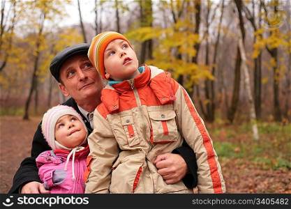 Grandfather with grandsons in forest in autumn look up