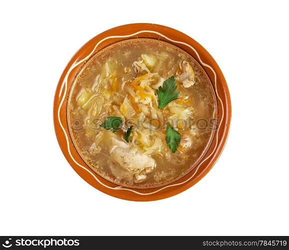 Grandmother&rsquo;s Sauerkraut soup.German cuisine.Isolated