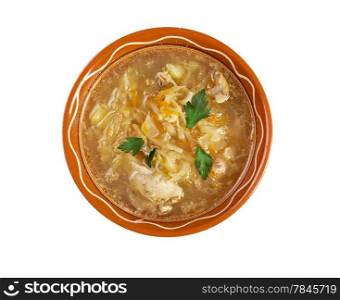 Grandmother&rsquo;s Sauerkraut soup.German cuisine.Isolated