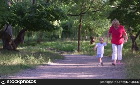 Grandmother with her grandson walking along the alley in summer park