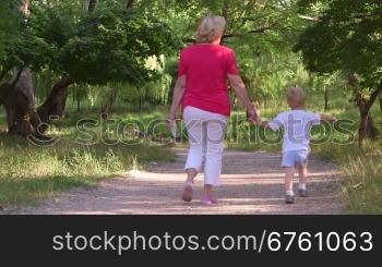 Grandmother with her grandson walking down the path in summer park rear view