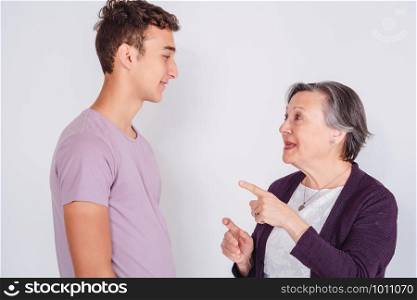 Grandmother with her teen grandson. Family concept. Isolated white background