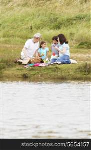 Grandparents And Grandchildren Having Picnic On Riverbank