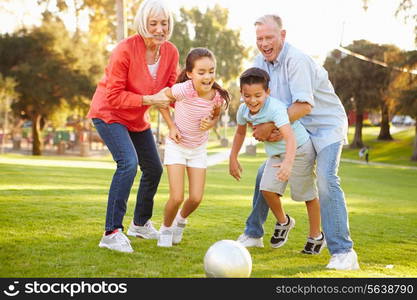 Grandparents Playing Soccer With Grandchildren In Park