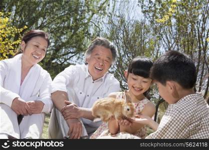 Grandparents with their grandchildren and their pet rabbit sitting in the park in springtime