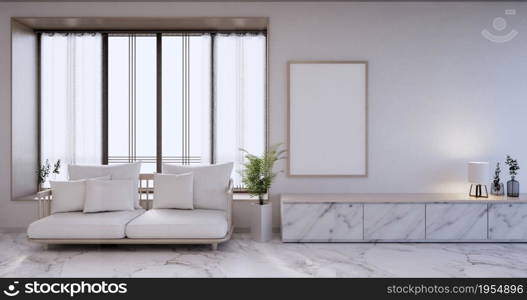 Granite cabinet and sofa in modern empty room on Livingroom. 3d rendering