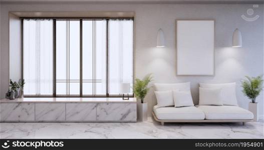 Granite cabinet and sofa in modern empty room on Livingroom. 3d rendering