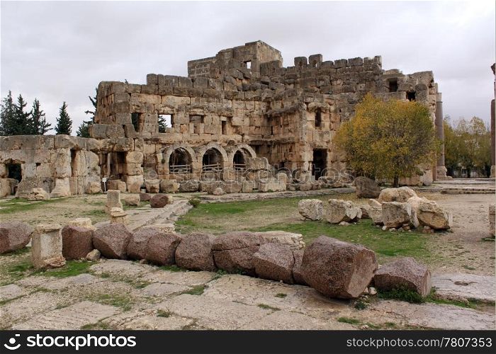Granite columns and ruins of roman temple in Baalbeck, Lebanon