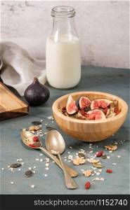 Granola for healthy breakfast. Bowl with granola , milk , fresh fig and dried berries