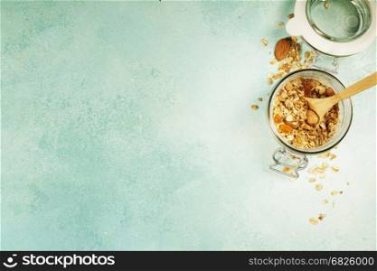 Granola. Healthy eating concept. Copy space background, top view flat lay overhead