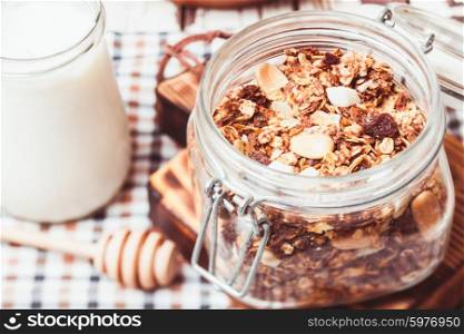 Granola in a jar and homemade yoghurt. Granola and yoghurt