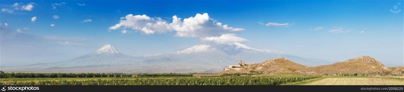 Grape field in Ararat valley. View of Khor Virap and Mount Ararat. Exploring Armenia. Khor Virap and Mount Ararat
