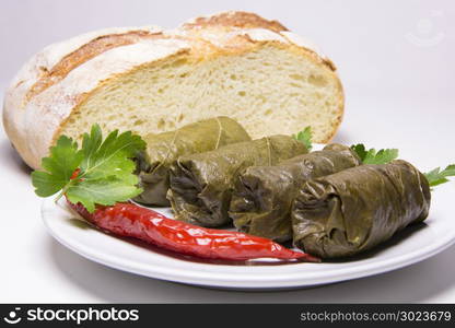 Grape leaves rolls. Sarmale, dolma, sarma, golubtsy or golabki. Grape leaves stuffed with meat, rice and vegetables. East European and Asian traditional cuisine. Fresh sarmale or dolmades, Romanian, Greek, Turkish, Polonia, Iran and Moldavian typical food.