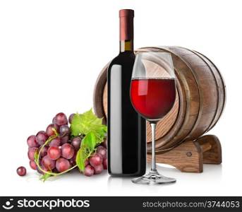 Grape, wine and a wooden barrel isolated on white
