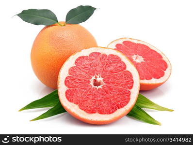 Grapefruit fruits with cuts and green leaf isolated on white background