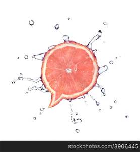 Grapefruit in shape of dialog box with water drops isolated on white