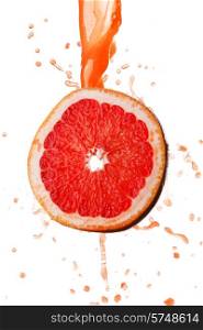 Grapefruit juice splashing on slice isolated on white background. Grapefruit juice splashing