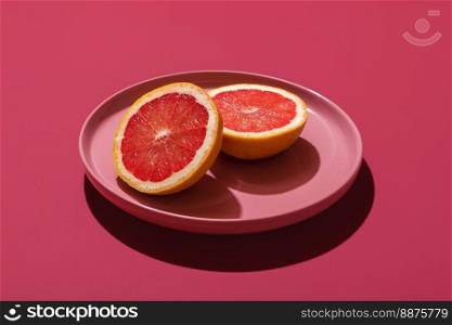 Grapefruit sliced in half on a pink plate in bright light. Plate with a grapefruit minimalist on a magenta background