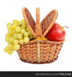 grapes and apples in the basket isolated on a white background