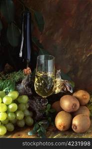 Grapes and kiwi with white wine on painted background