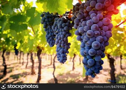Grapes hanging from lush green vine at vineyard. Generative AI