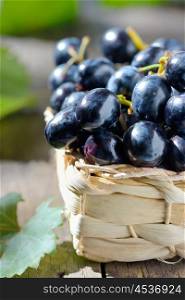 grapes in a basket on wooden background