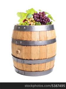 Grapes on wooden barrel with wine isolated on white