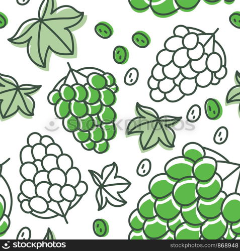 Grapes seamless pattern. Hand drawn fresh berry. Multicolored vector sketch background. Colorful doodle wallpaper. Green and orange print
