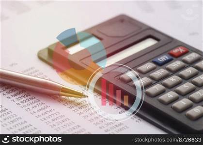 graph,calculator and pen on paper  finance, account and capital  banking concept